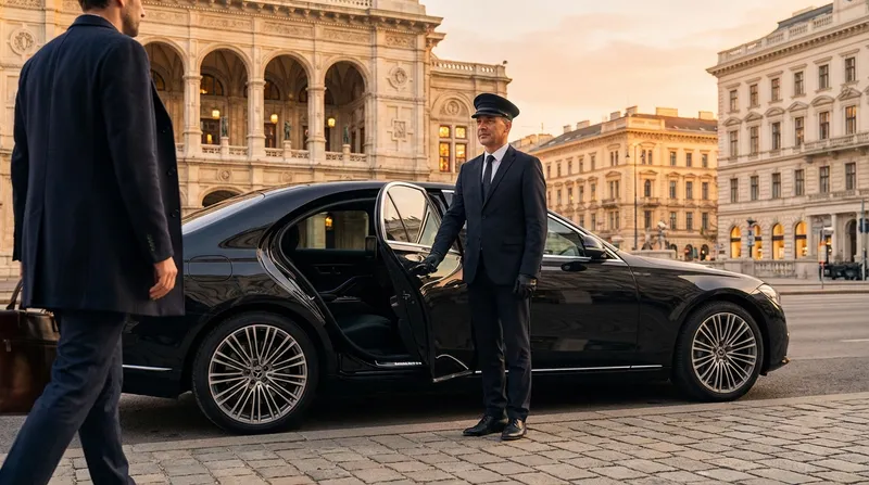 Chauffeur Service Wien: Chauffeur öffnet die Fahrzeugtür vor der Wiener Staatsoper