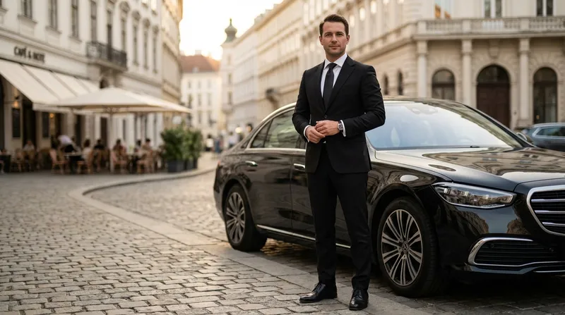 Chauffeur Service Wien: Chauffeur steht neben der Limousine in einer Wiener Altstadtgasse mit Straßencafé