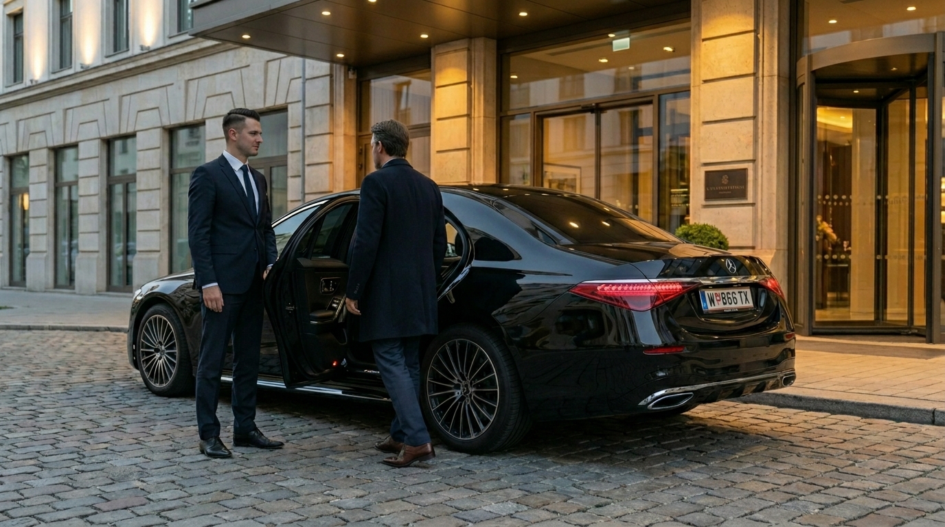 Chauffeur begrüßt Gast – Airport Transfer Wien