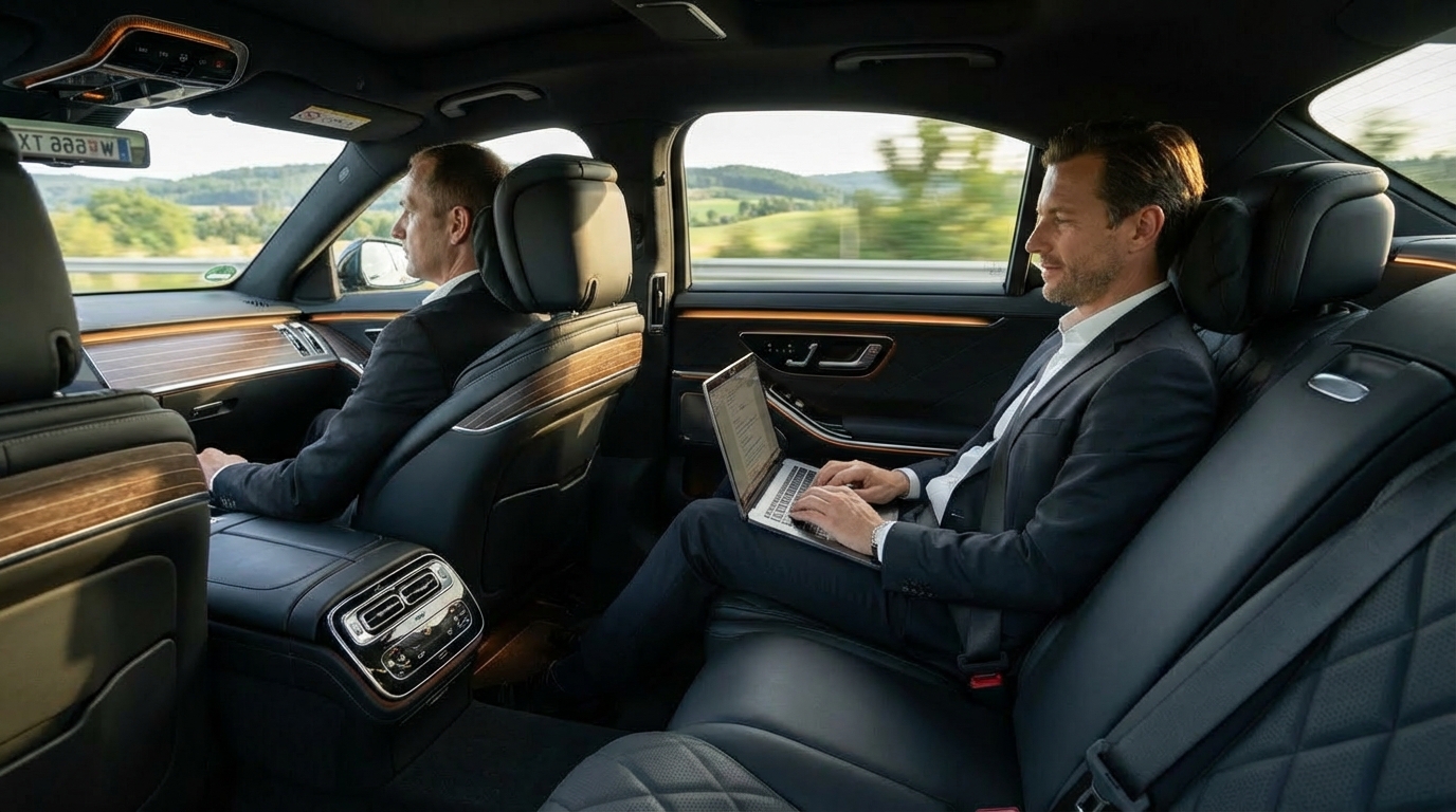 Business-Kunde arbeitet im Fahrzeug – Langstrecken Chauffeur Wien